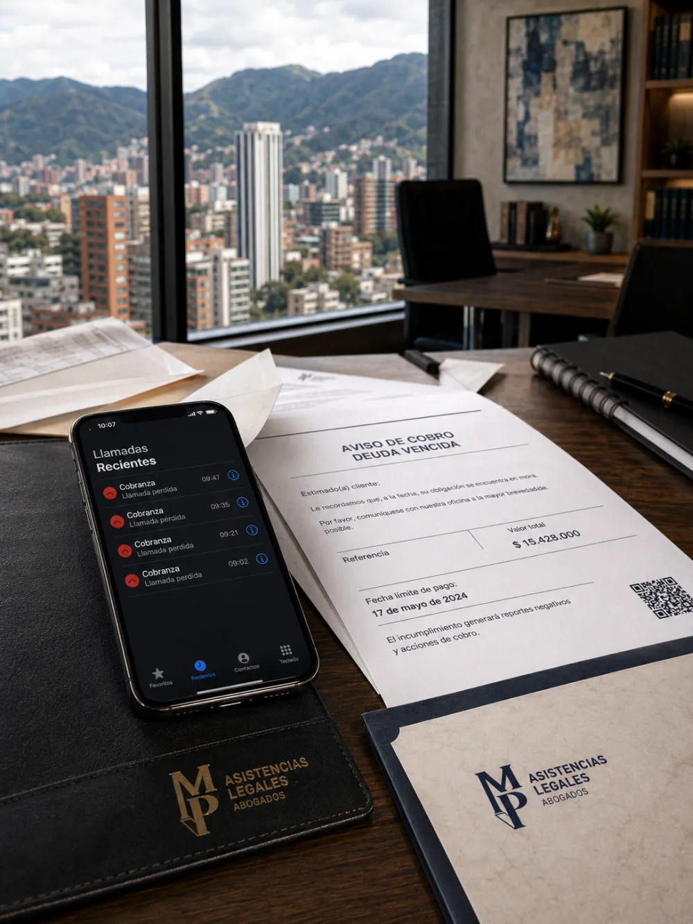Aviso de cobro por deuda vencida y llamadas de cobranza junto a documentos de MP